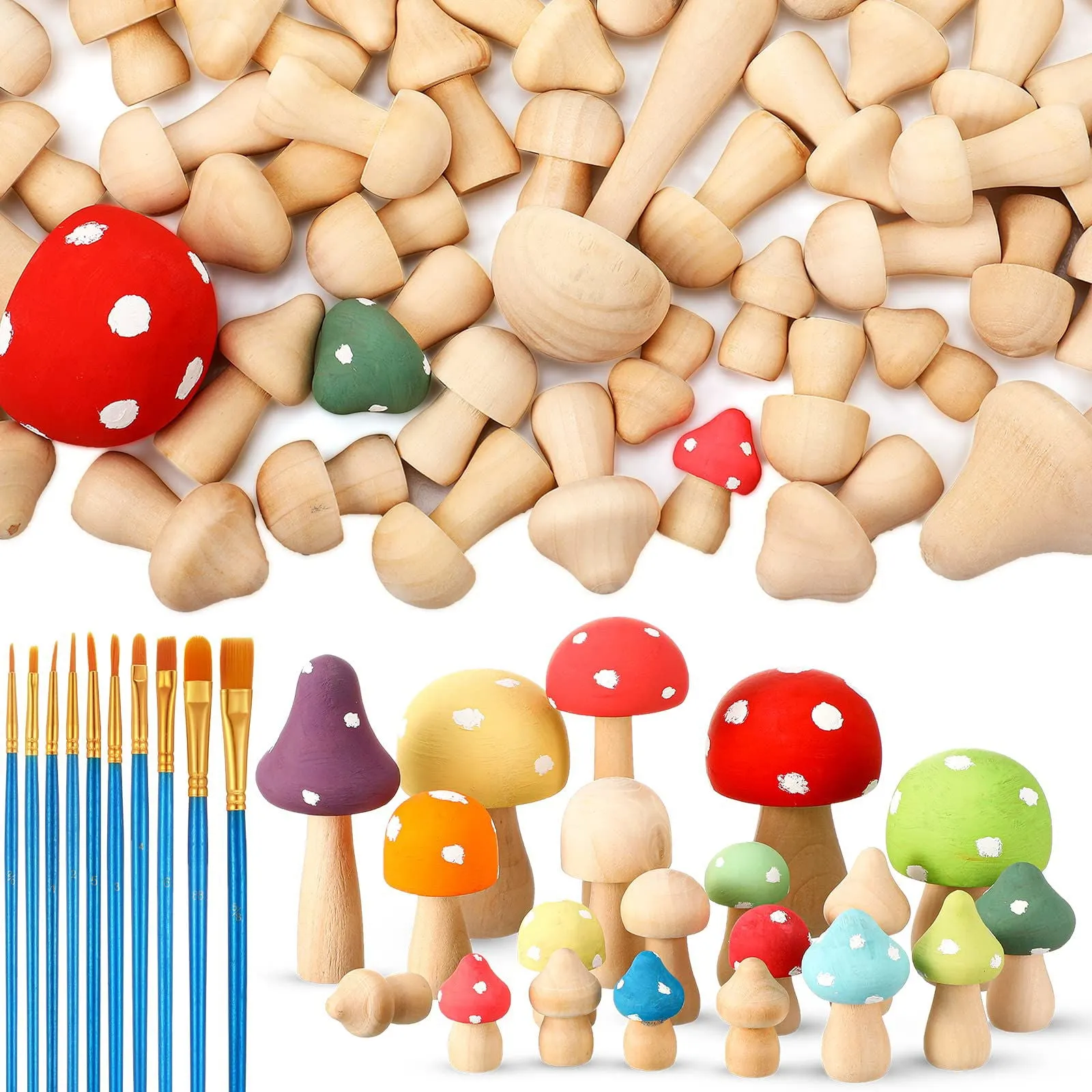 100 Pcs Wooden Mushrooms with Paintbrushes Unfinished Mini Natural Wood Mushroom Decor Wooden Mushrooms to Paint Wood Mushroom for Crafts and Arts,