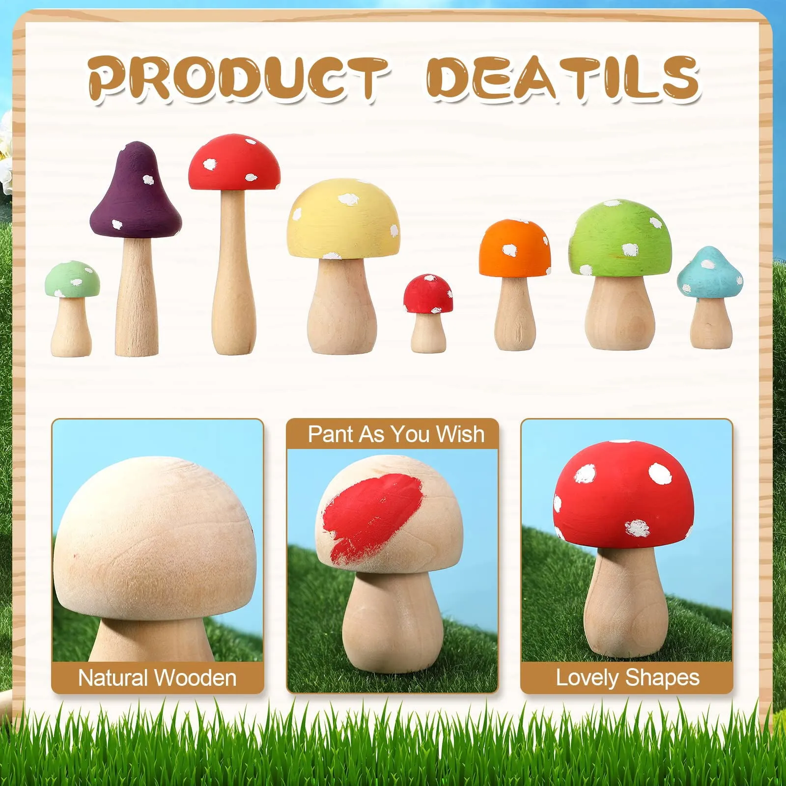 100 Pcs Wooden Mushrooms with Paintbrushes Unfinished Mini Natural Wood Mushroom Decor Wooden Mushrooms to Paint Wood Mushroom for Crafts and Arts,