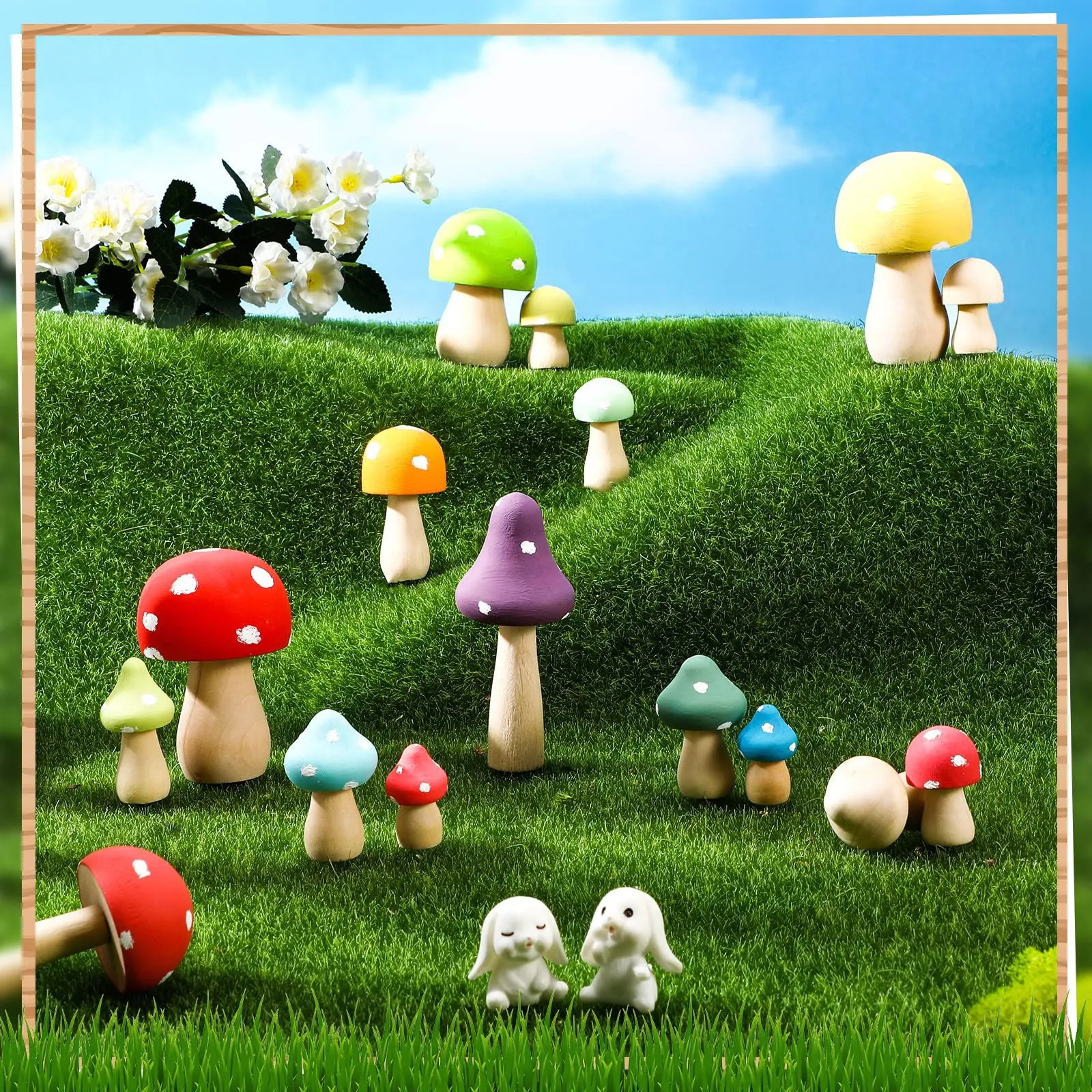 100 Pcs Wooden Mushrooms with Paintbrushes Unfinished Mini Natural Wood Mushroom Decor Wooden Mushrooms to Paint Wood Mushroom for Crafts and Arts,