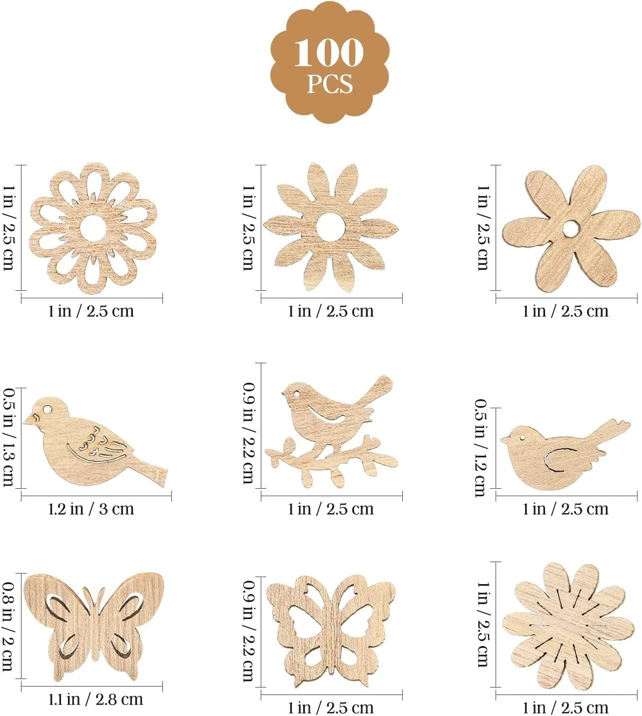 100Pcs Wooden Cutouts Wood Bird Butterfly Flower Slices Wooden Table Rustic for DIY Craft Making Supplies