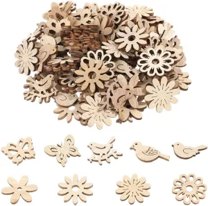 100Pcs Wooden Cutouts Wood Bird Butterfly Flower Slices Wooden Table Rustic for DIY Craft Making Supplies