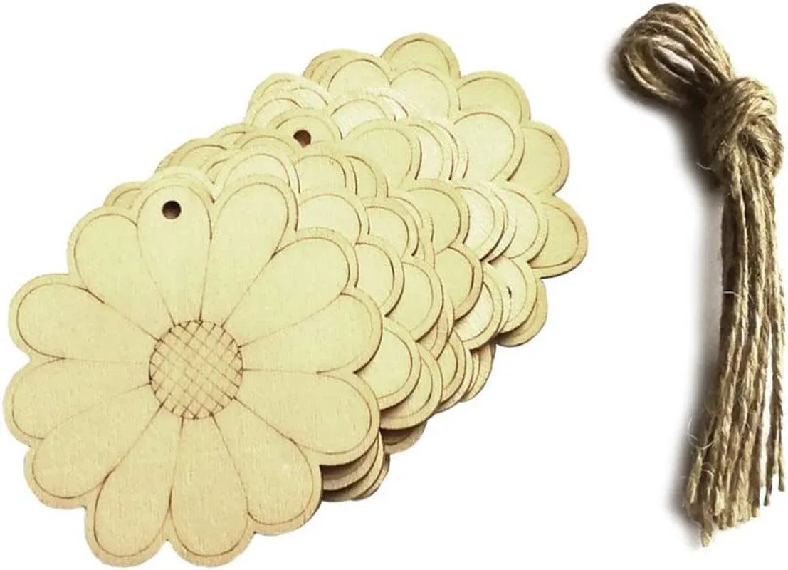 10Pcs Unfinished Wood Slices Flower Wood Cutouts with Twine Discs DIY Crafts Hanging