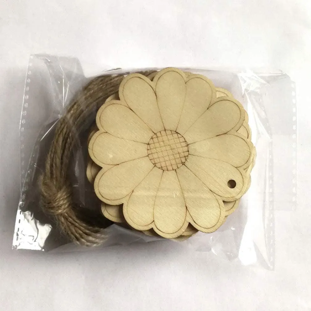 10Pcs Unfinished Wood Slices Flower Wood Cutouts with Twine Discs DIY Crafts Hanging