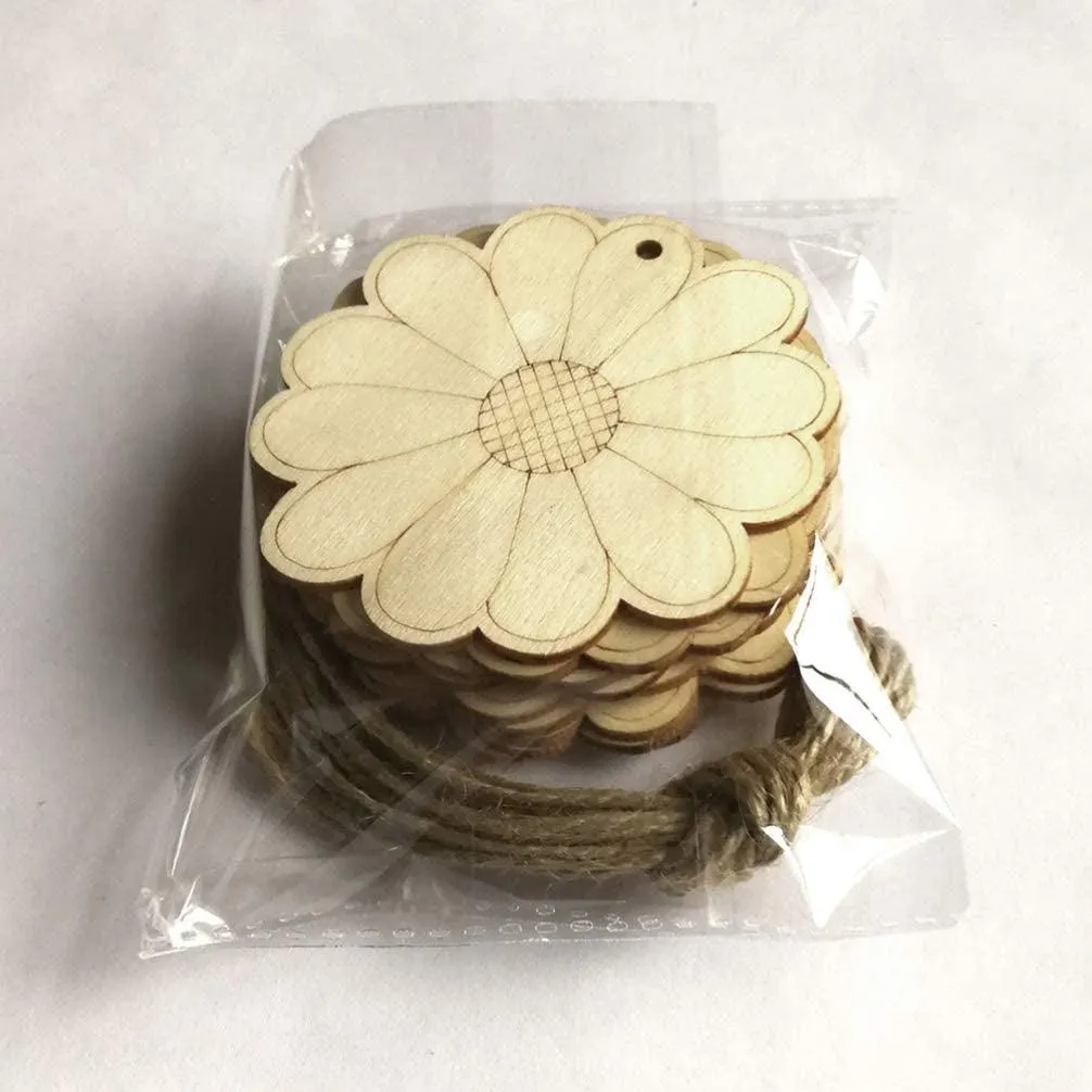 10Pcs Unfinished Wood Slices Flower Wood Cutouts with Twine Discs DIY Crafts Hanging