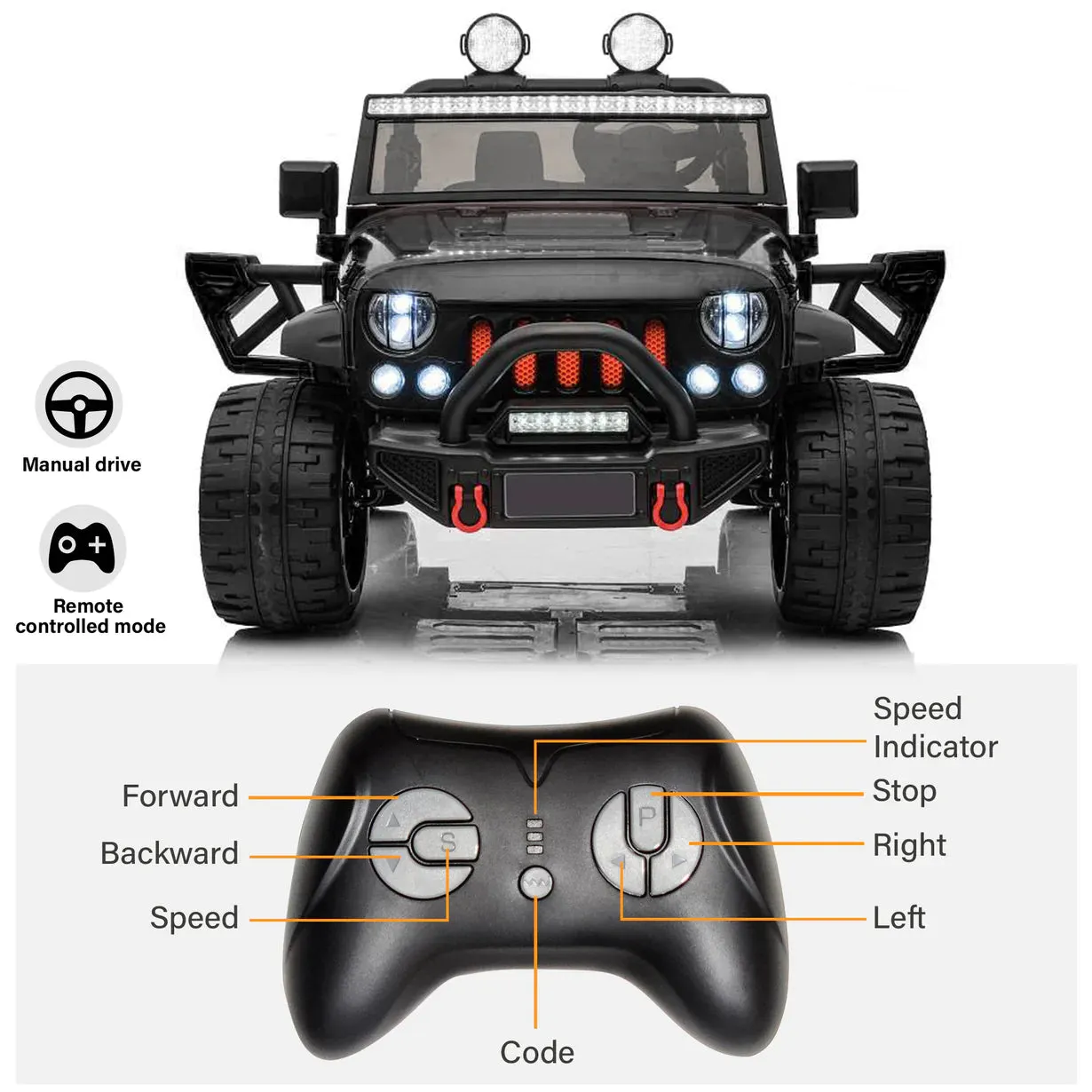 24V | 2025 Jeep Wrangler Style 2 Seater Upgraded | Heavy Duty Seat | Heavy Duty Tires | Upgraded | Remote