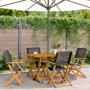 5 Piece Garden Dining Set Black Poly Rattan and Solid Wood