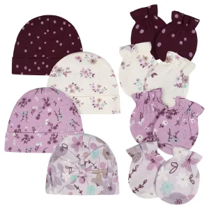 8-Piece Baby Girls Lavender Garden No Scratch Mittens & Caps Set