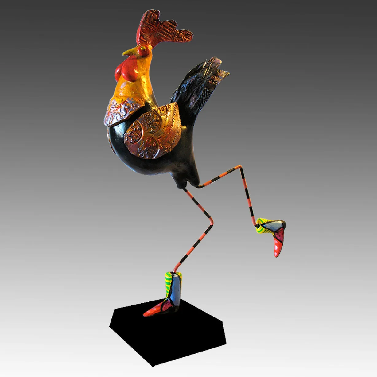 Banty Black Rooster Handmade Ceramic Bird Sculpture by Steven McGovney