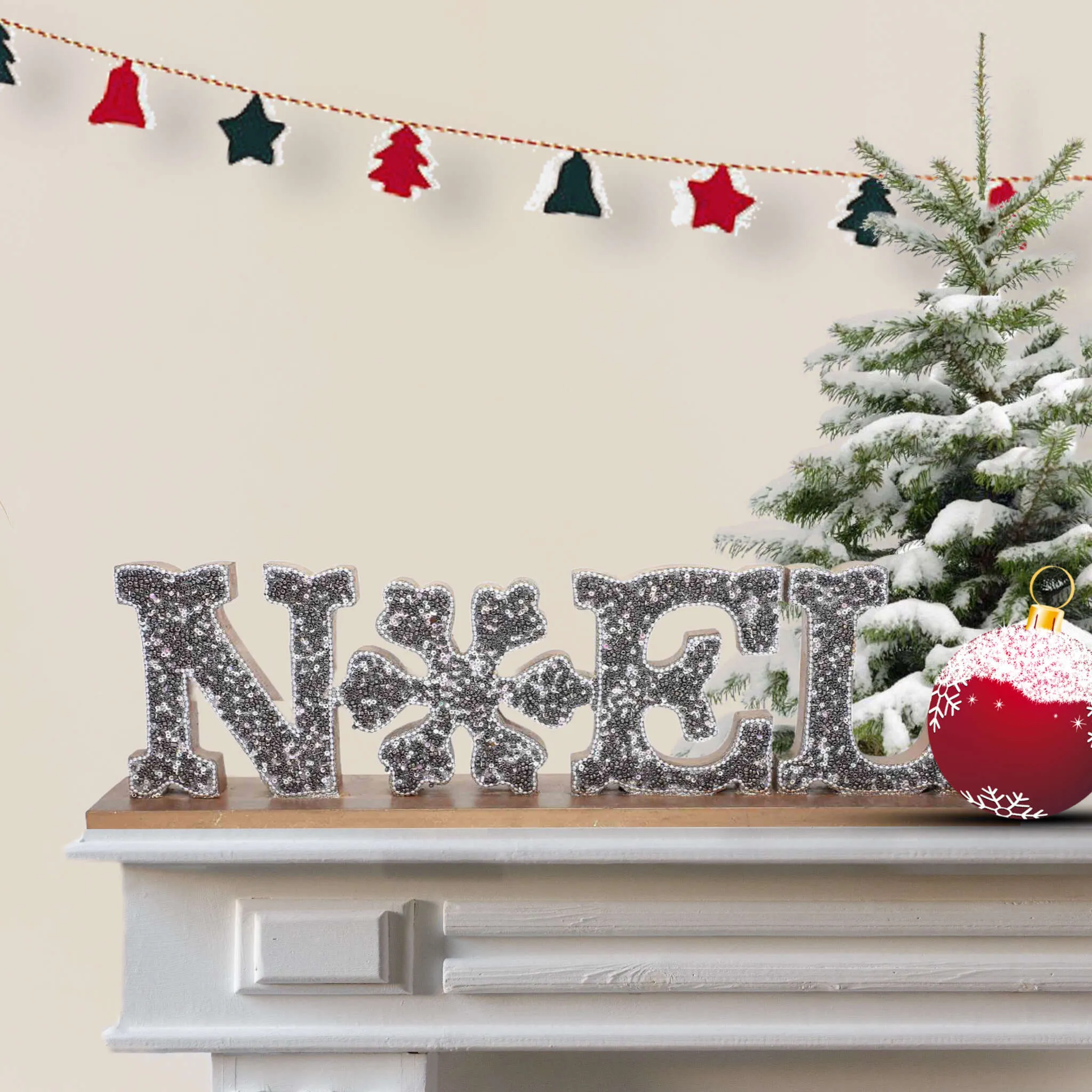 Beaded Wood Sign #Noel Table Decor in Grey & Gold