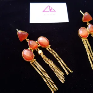 Brick Color Semi Precious Stone Embellished long Statement Earrings