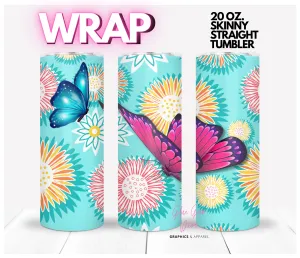 Bright flowers and butterflies -  Digital tumbler wrap for 20 oz skinny straight tumbler