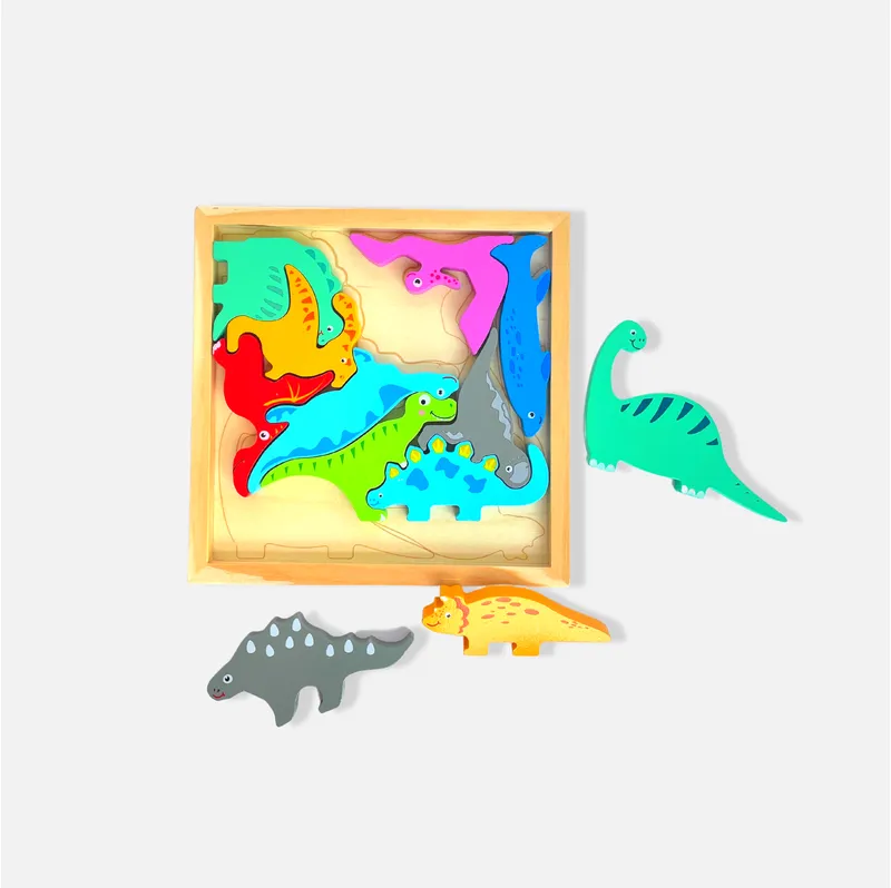 Dinosaur Puzzle - Wooden Square Tray With Different Dinosaur Blocks