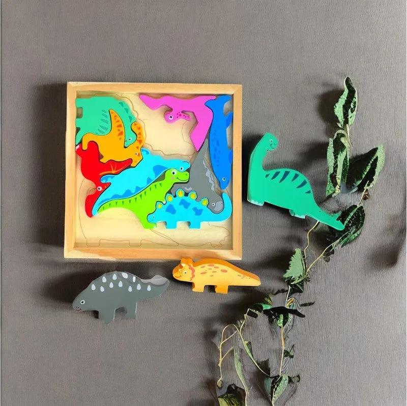 Dinosaur Puzzle - Wooden Square Tray With Different Dinosaur Blocks