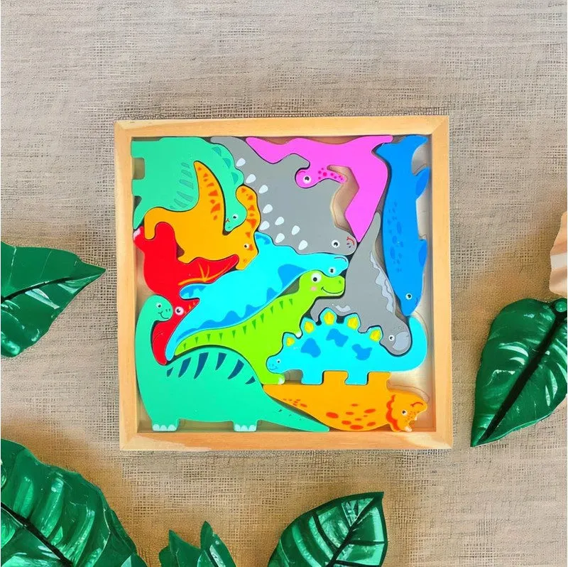 Dinosaur Puzzle - Wooden Square Tray With Different Dinosaur Blocks