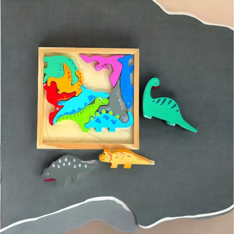 Dinosaur Puzzle - Wooden Square Tray With Different Dinosaur Blocks