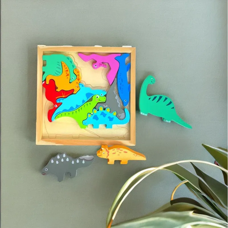 Dinosaur Puzzle - Wooden Square Tray With Different Dinosaur Blocks