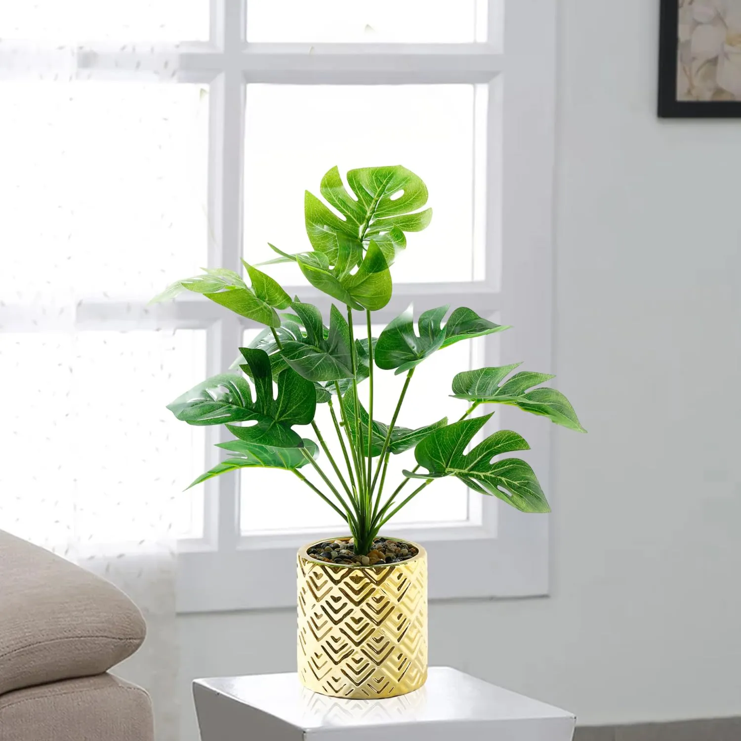 Ekhasa Monstera Artificial Plants for Home Decor with Pot (37 CM, 12 Leaves) | Fake Faux False Show Decor Indoor Plastic Small Decorative Potted Plant for Living Room, Kitchen, Bathroom