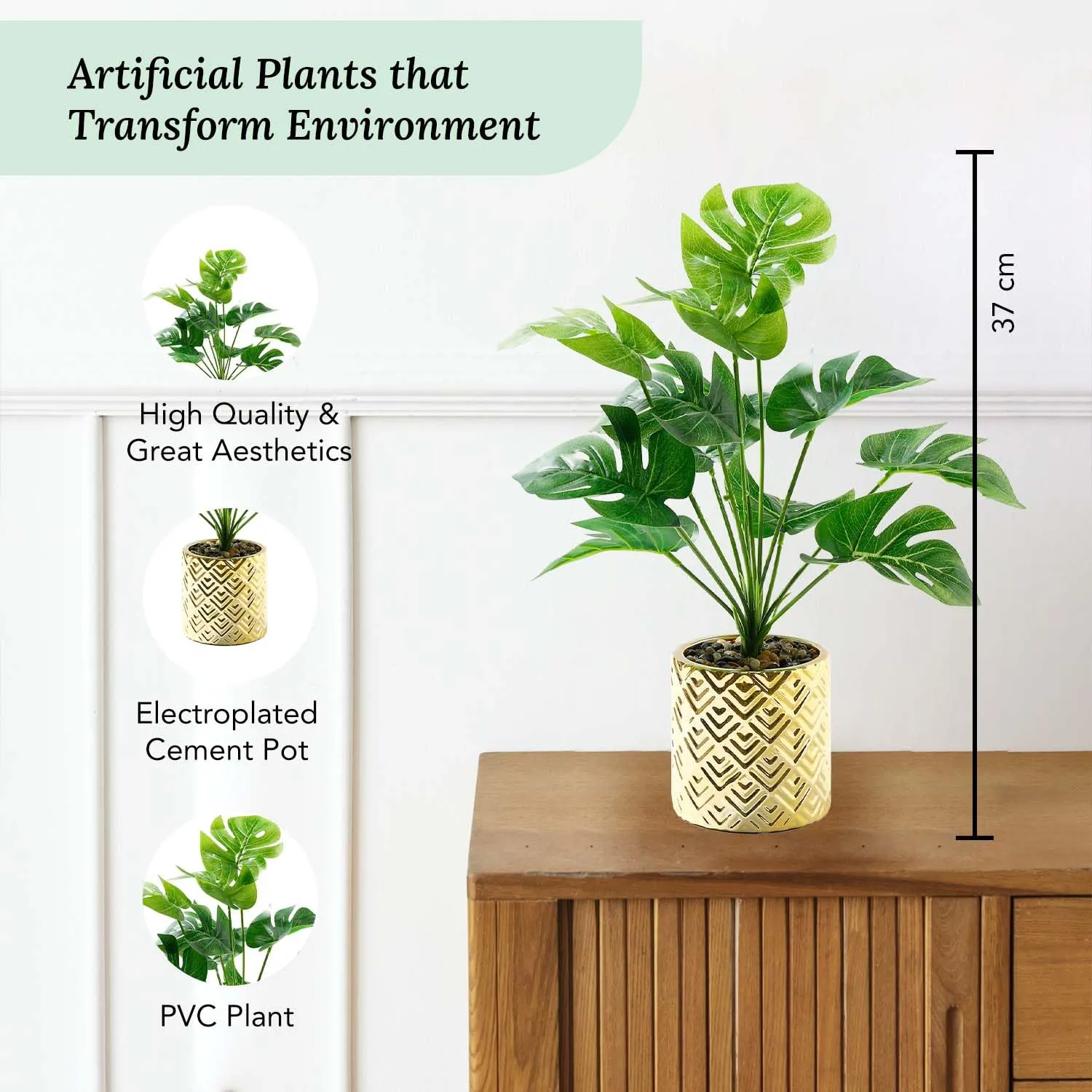 Ekhasa Monstera Artificial Plants for Home Decor with Pot (37 CM, 12 Leaves) | Fake Faux False Show Decor Indoor Plastic Small Decorative Potted Plant for Living Room, Kitchen, Bathroom