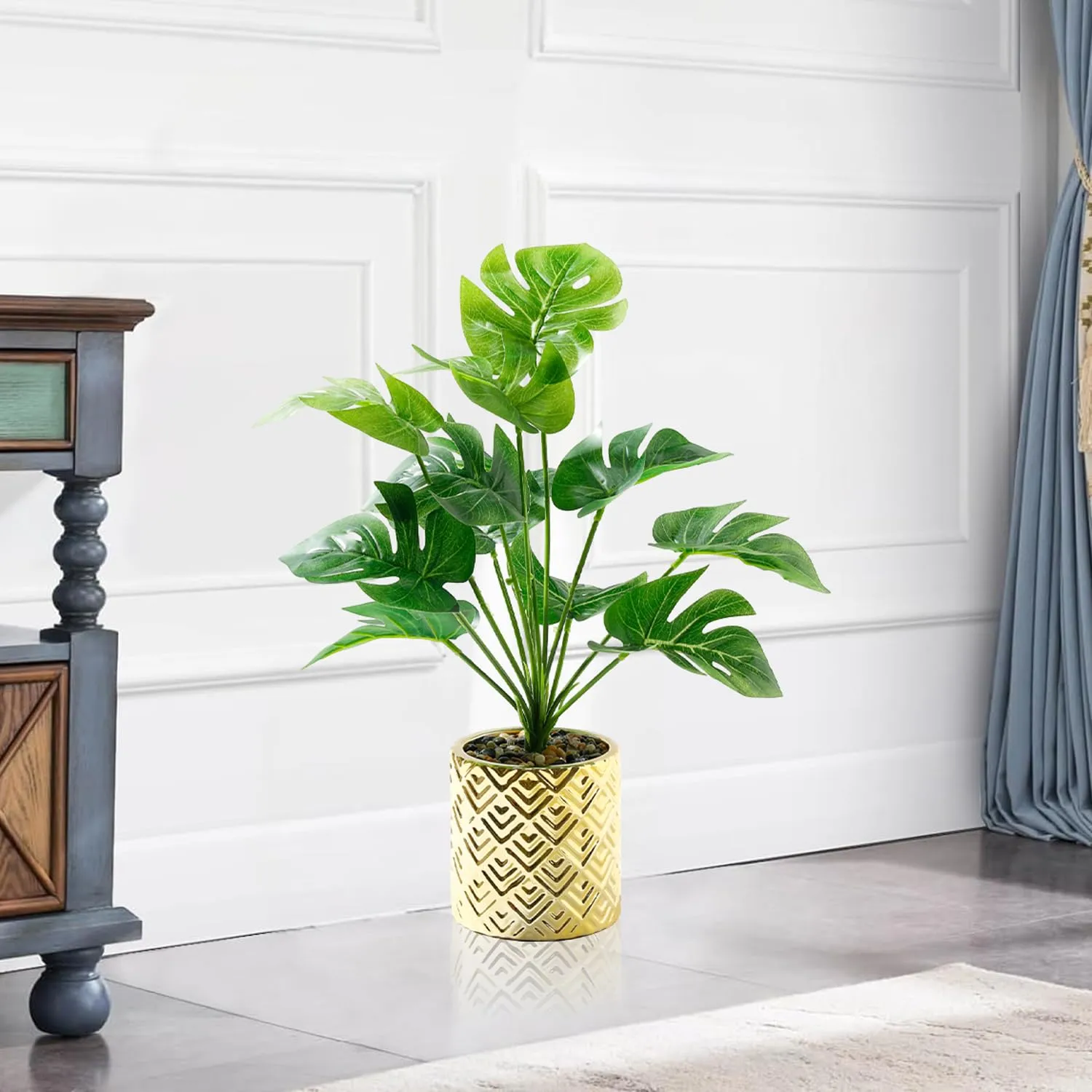 Ekhasa Monstera Artificial Plants for Home Decor with Pot (37 CM, 12 Leaves) | Fake Faux False Show Decor Indoor Plastic Small Decorative Potted Plant for Living Room, Kitchen, Bathroom