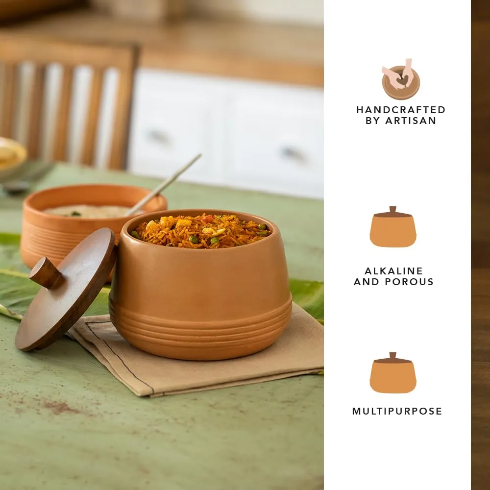 Ellementry Terracotta Biryani Handi with Wooden Lid | Dahi Mitti Handi | Traditional Curd Setter | Storage Container with Lid | Clay Pot with Lid for Cooking | Biryani Serving Pot, 1 Liter, Brown