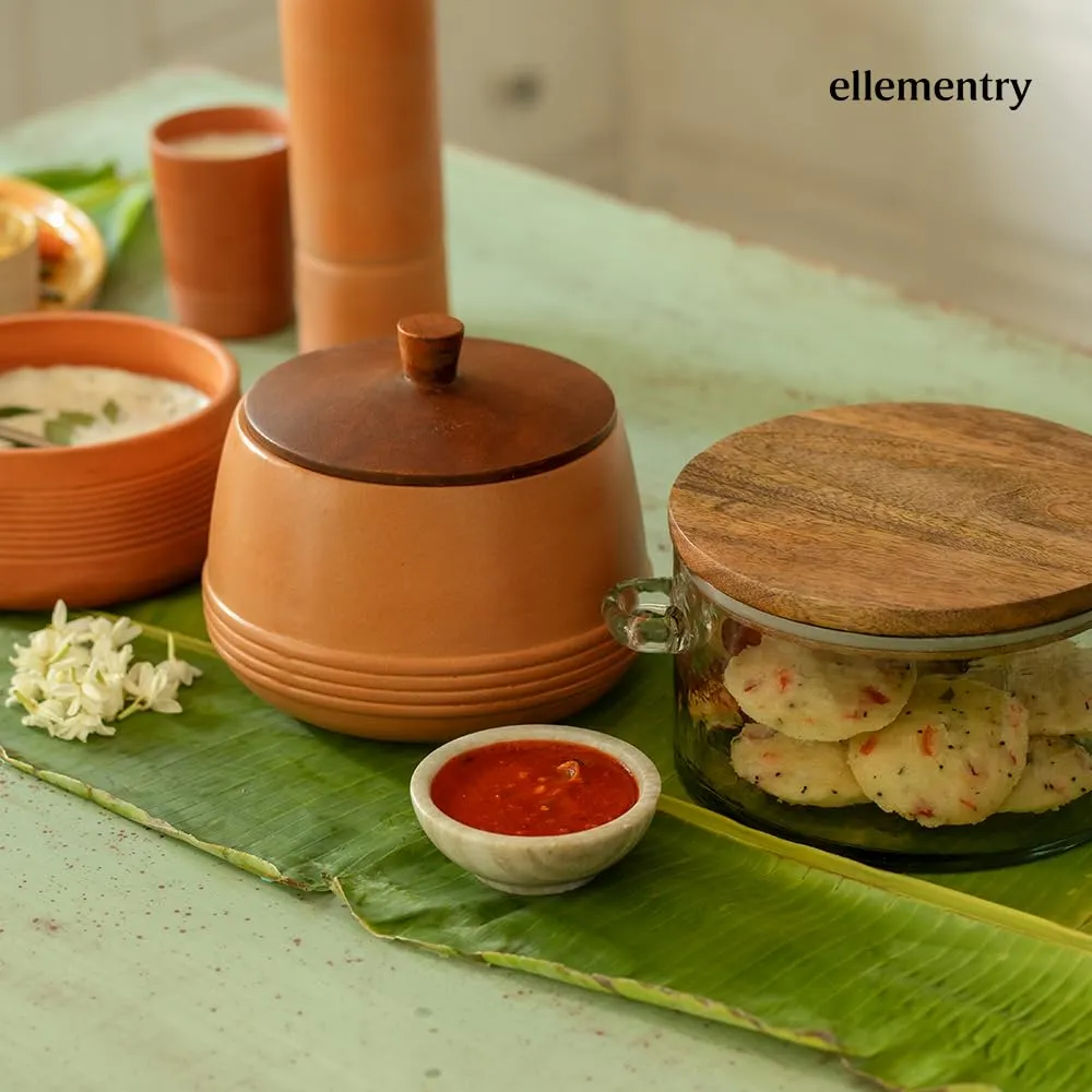 Ellementry Terracotta Biryani Handi with Wooden Lid | Dahi Mitti Handi | Traditional Curd Setter | Storage Container with Lid | Clay Pot with Lid for Cooking | Biryani Serving Pot, 1 Liter, Brown