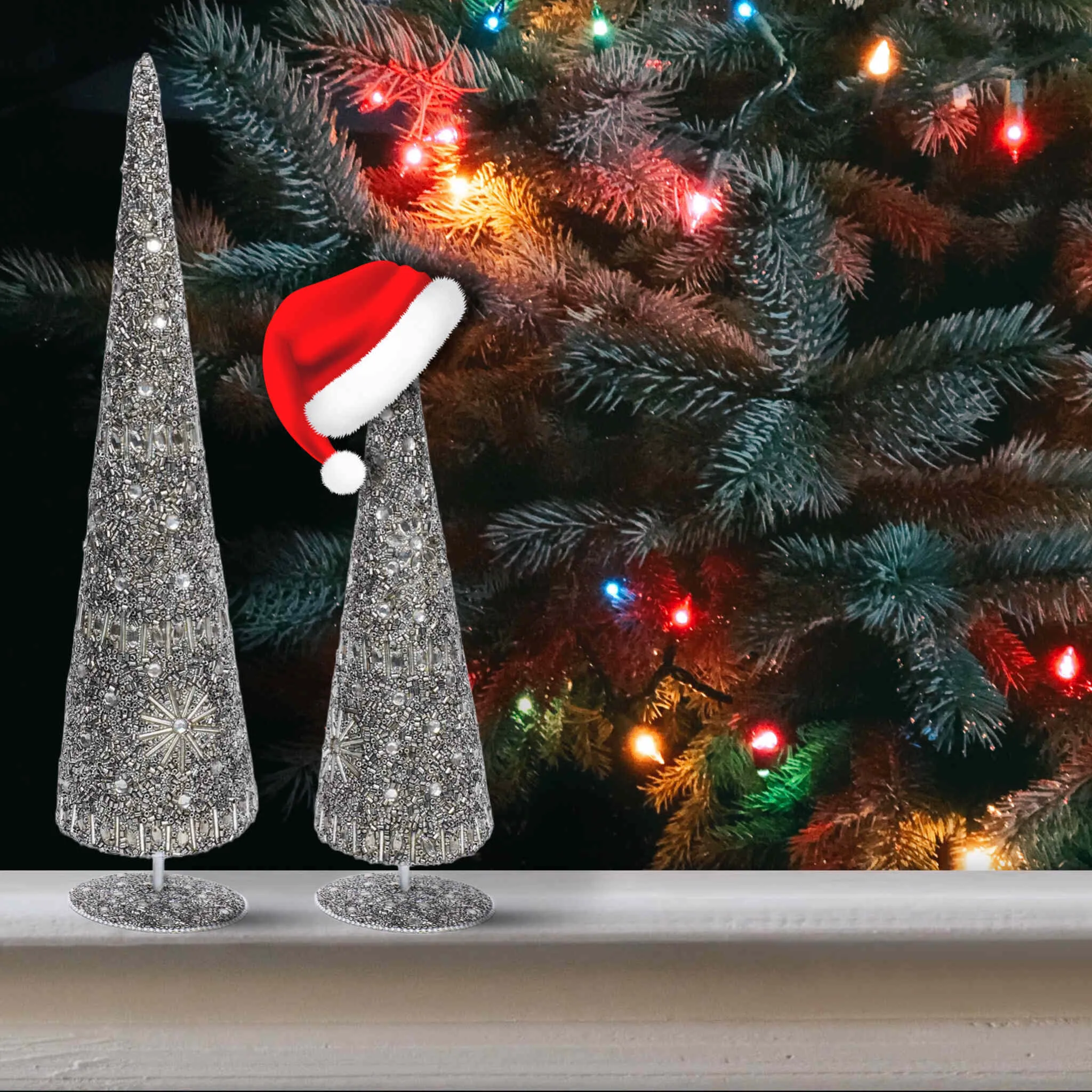 Enchanted Beaded Cone Christmas Tree in Silver, Set of 2