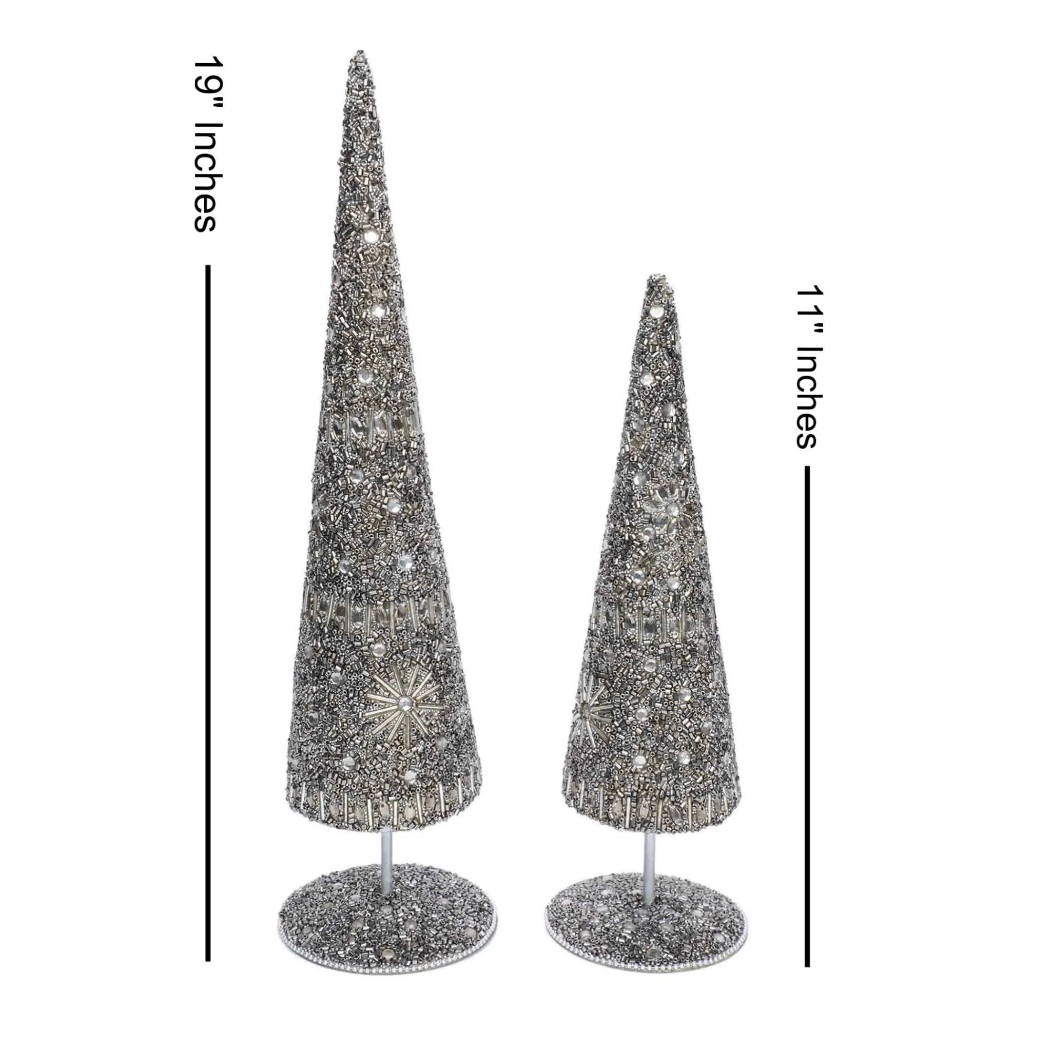 Enchanted Beaded Cone Christmas Tree in Silver, Set of 2