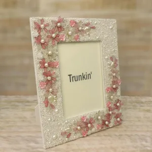 Floral Hand Beaded Photo Frame in White & Pink, 5" x 7" In