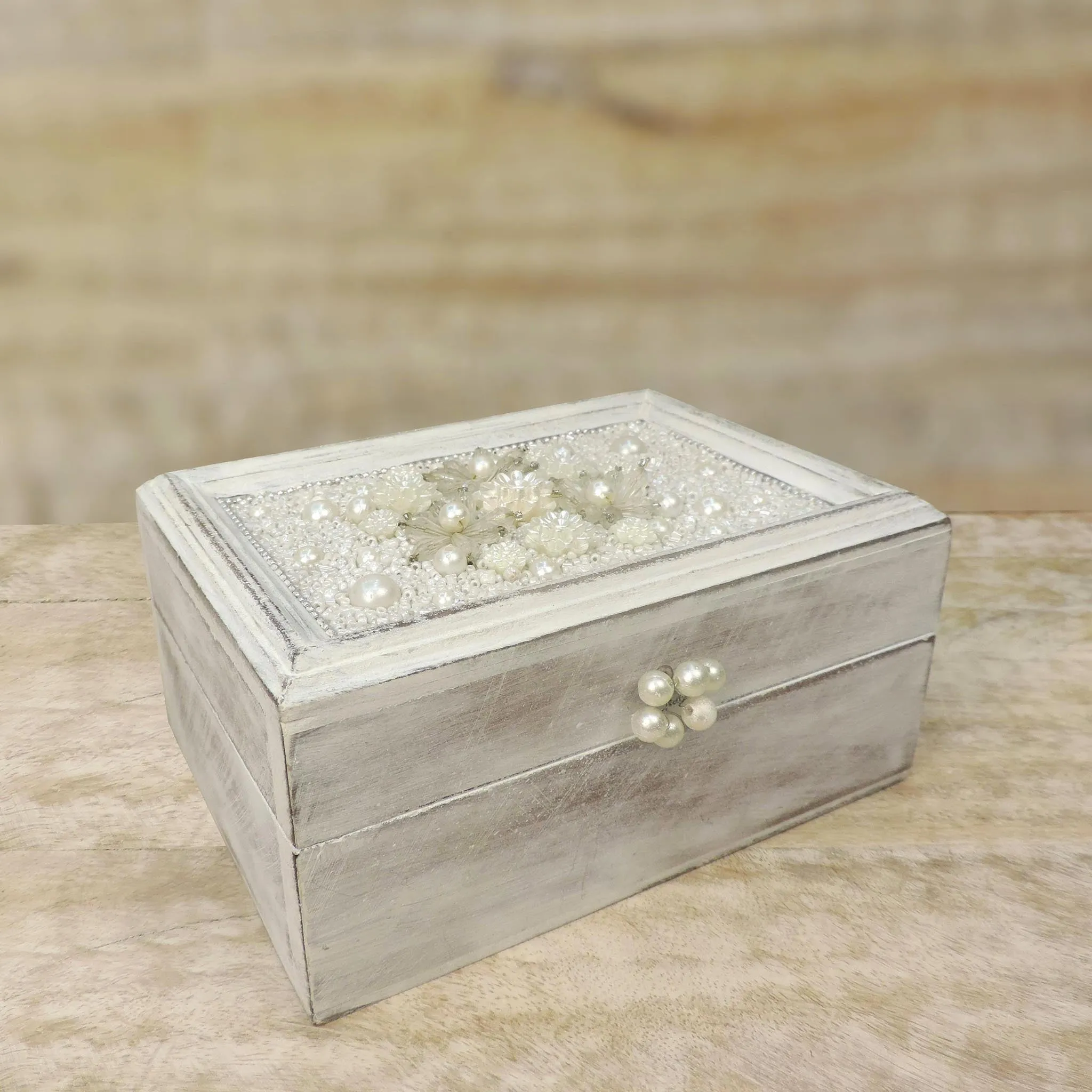 Floral Hand Beaded Table Decor Box in White