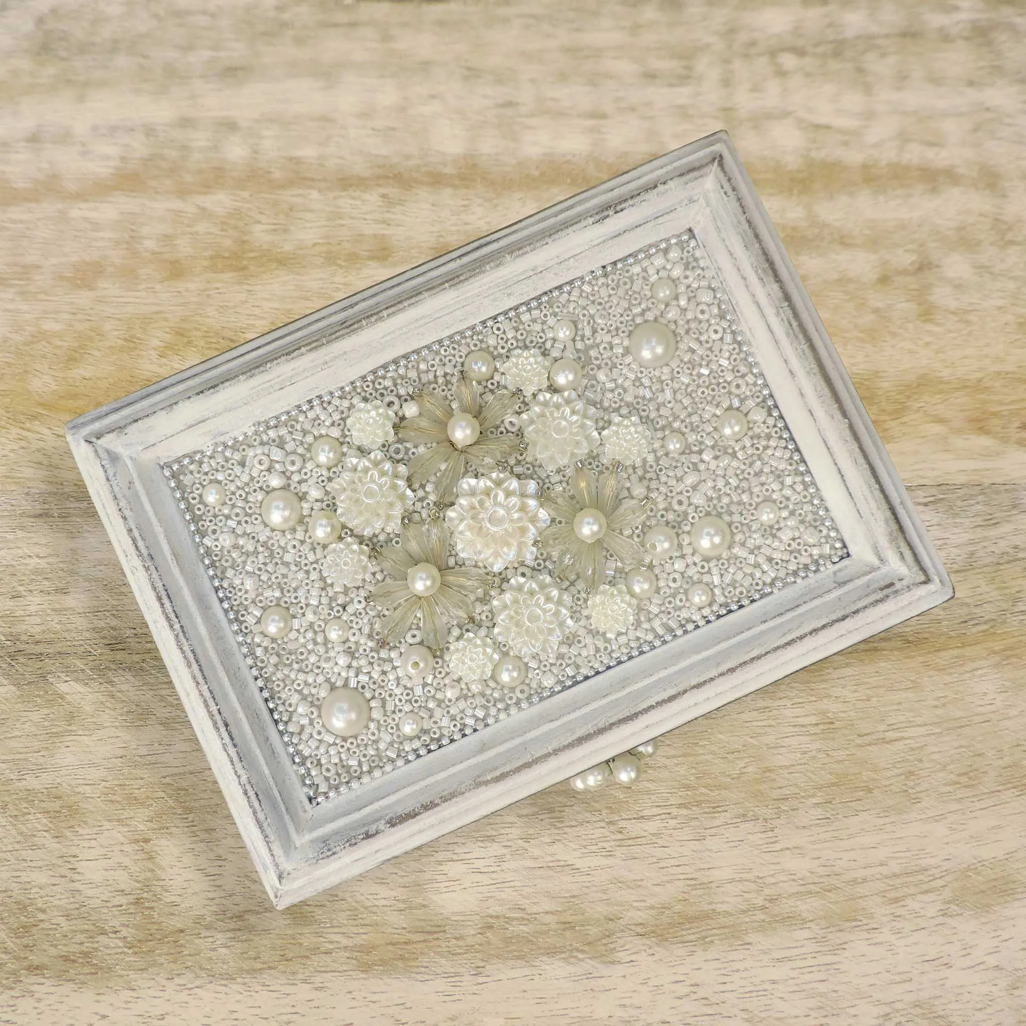 Floral Hand Beaded Table Decor Box in White