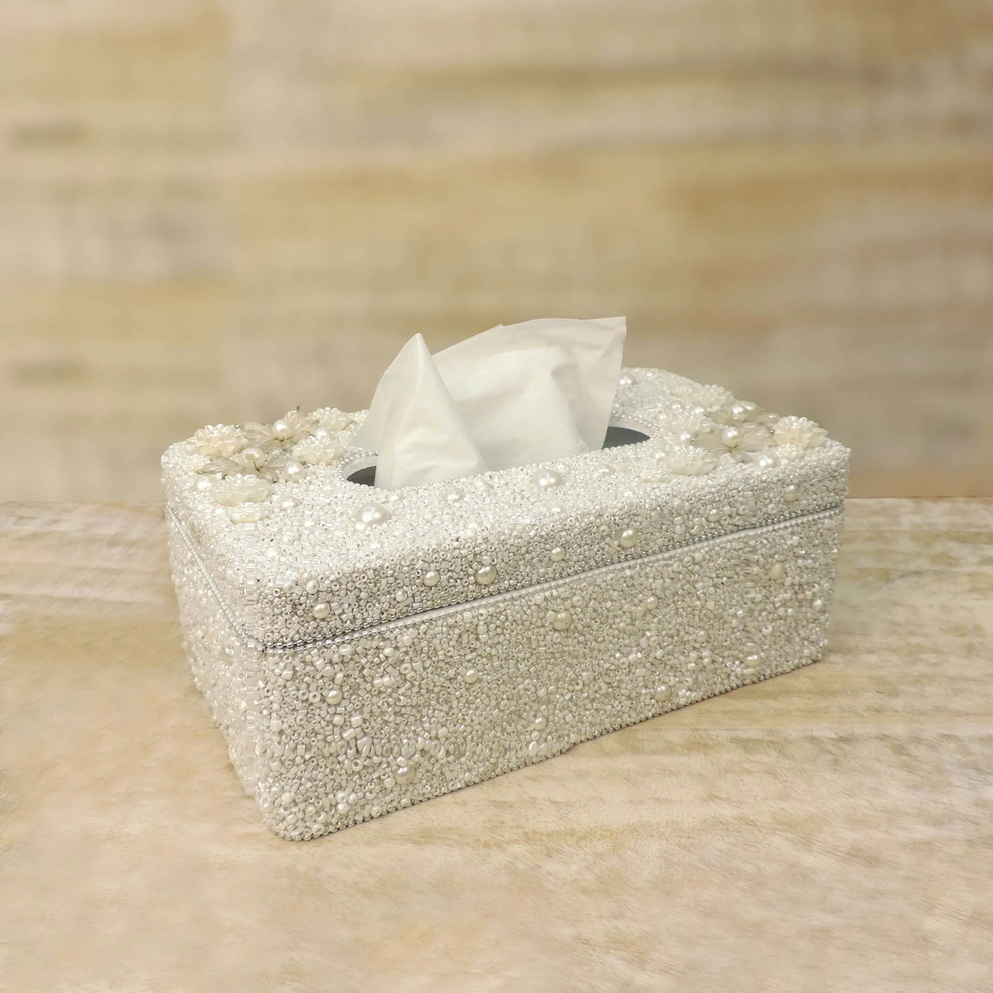 Floral Hand Beaded Tissue Box Holder in White