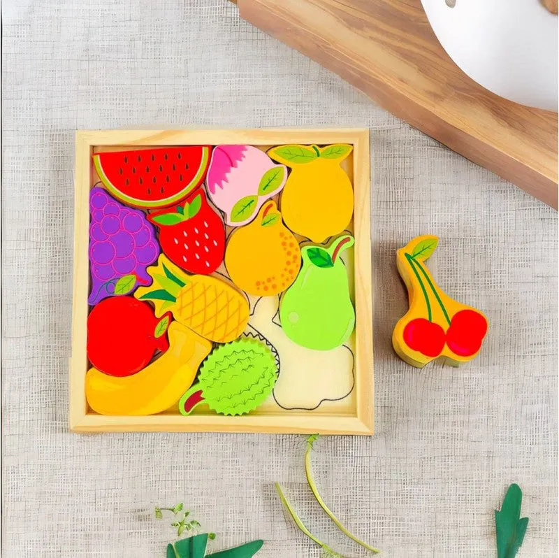 Fruits Puzzle - Wooden Square Tray With Fruits Blocks