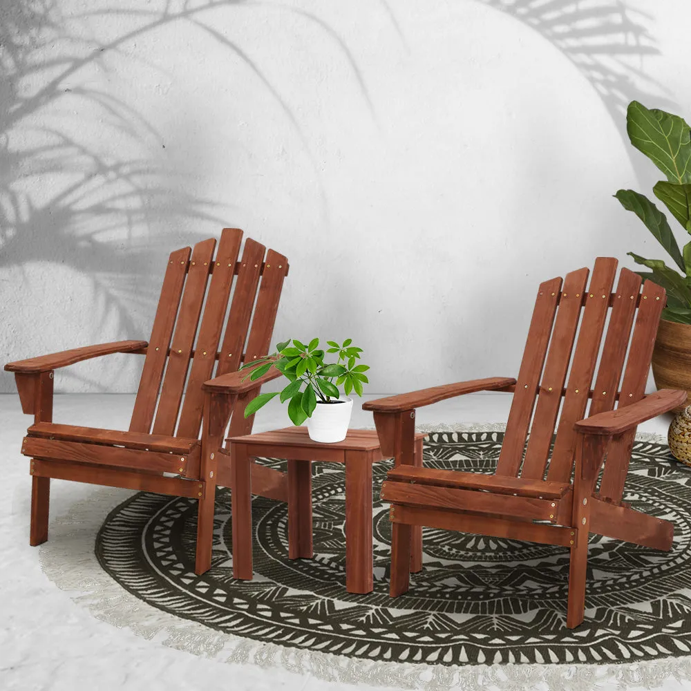 Gardeon 3PC Adirondack Outdoor Table and Chairs Wooden Beach Chair Brown