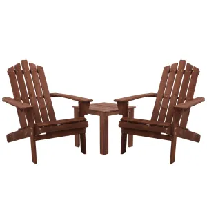 Gardeon 3PC Adirondack Outdoor Table and Chairs Wooden Beach Chair Brown