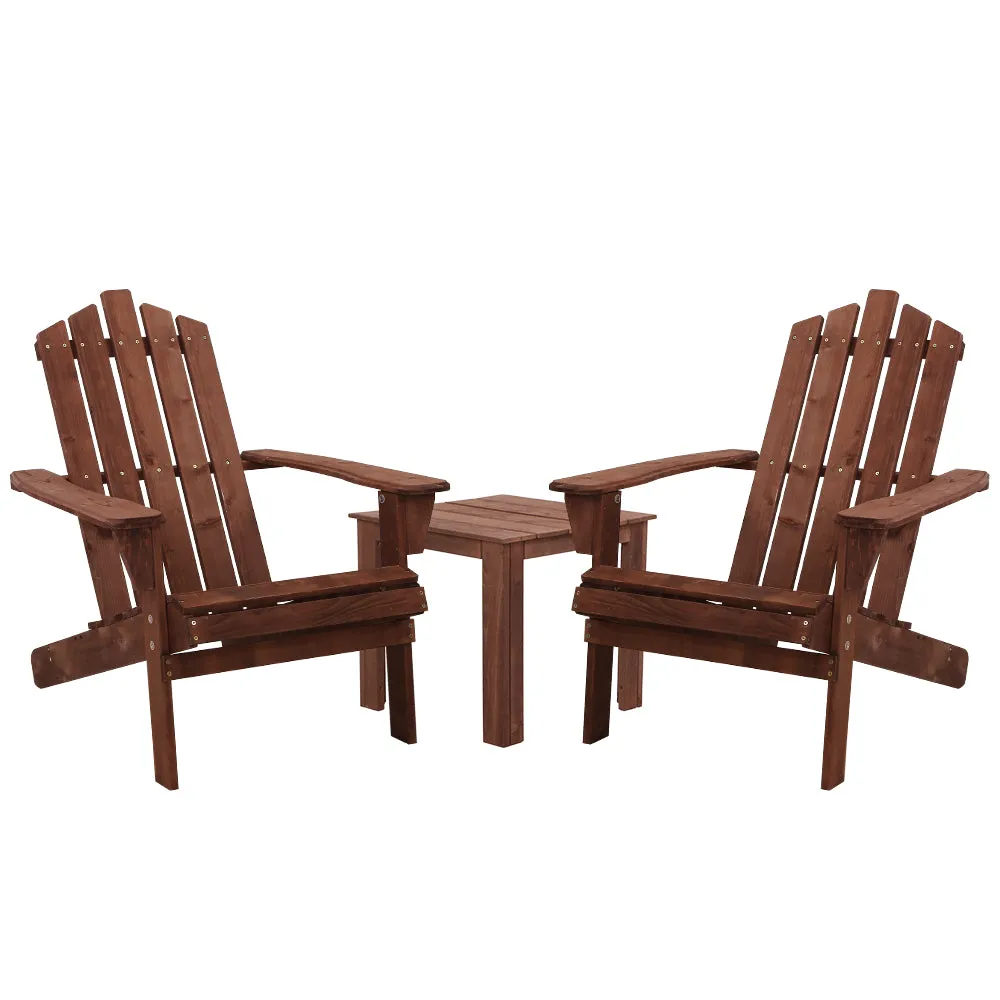 Gardeon 3PC Adirondack Outdoor Table and Chairs Wooden Beach Chair Brown