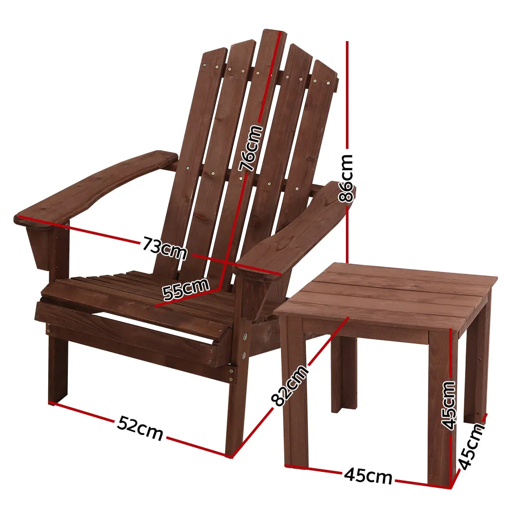 Gardeon 3PC Adirondack Outdoor Table and Chairs Wooden Beach Chair Brown