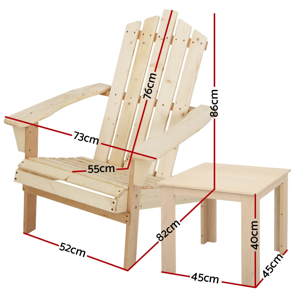 Gardeon 3PC Adirondack Outdoor Table and Chairs Wooden Beach Chair Natural