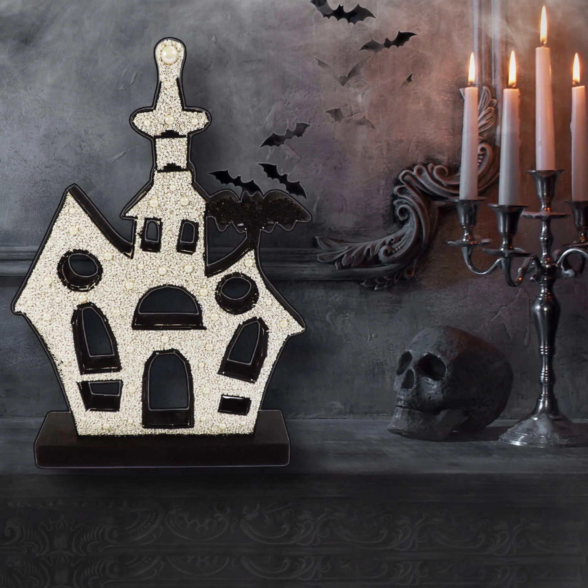 Haunted House Beaded Halloween Table Decor in White & Black