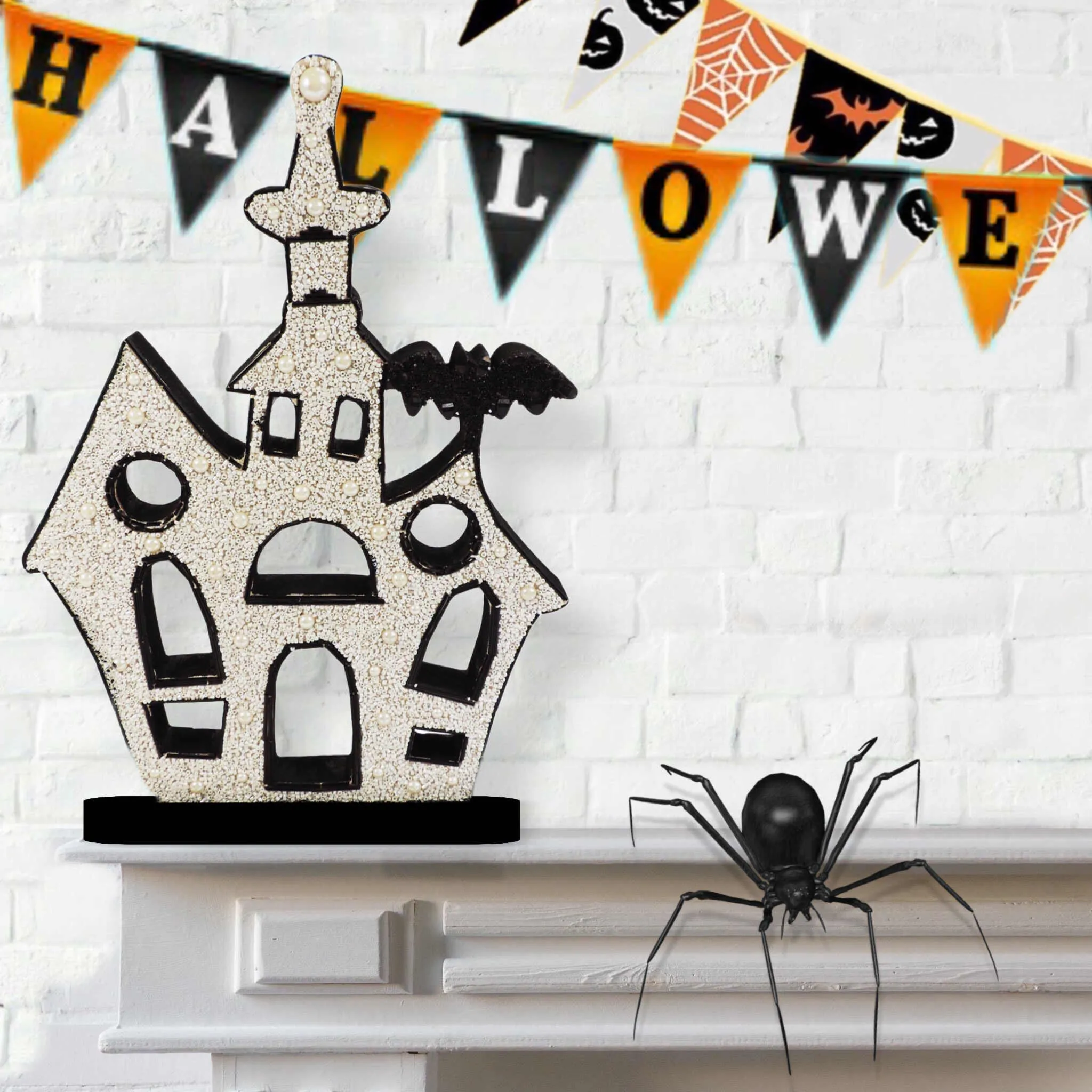 Haunted House Beaded Halloween Table Decor in White & Black