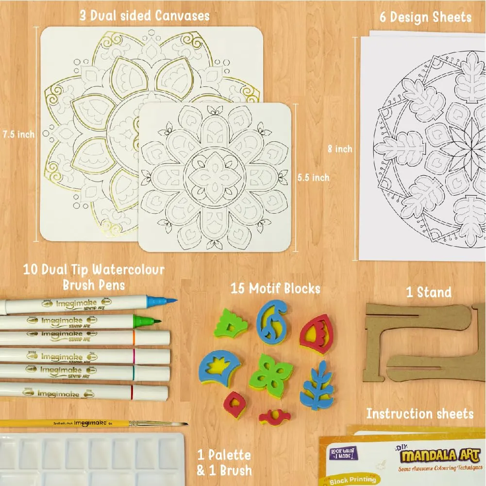 Imagimake Mandala Art Kit | Art And Craft Kit For Girls 9-12 | Coloring & Painting Kit Using Water Brush Pen & Stamps | Toys For Kids | Gifts For Girls Age 10-12, Cream