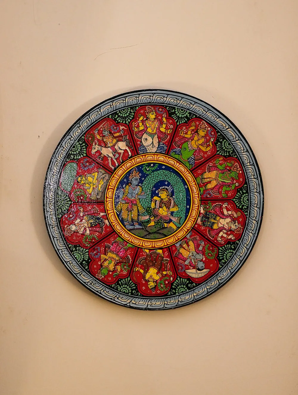 Intricate Pattachitra Art Wooden Wall / Table Plaque (12") - Krishna & Radha, Dasha Avatar