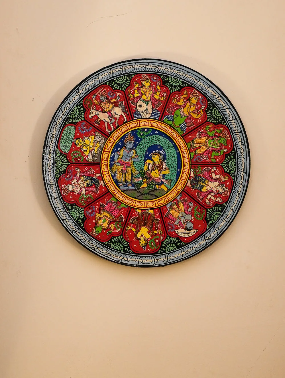 Intricate Pattachitra Art Wooden Wall / Table Plaque (12") - Krishna & Radha, Dasha Avatar