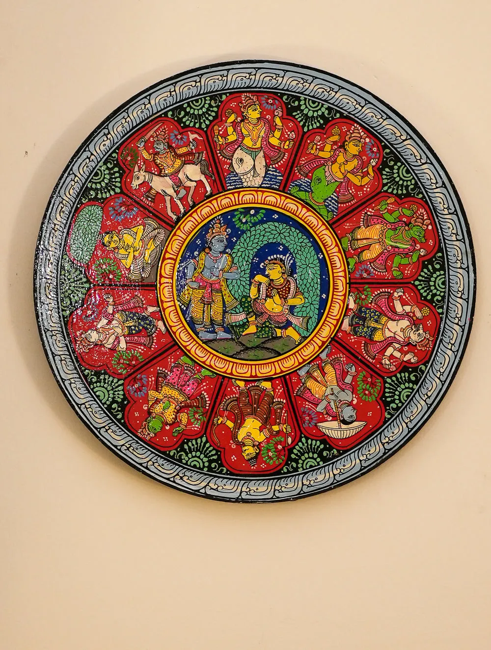 Intricate Pattachitra Art Wooden Wall / Table Plaque (12") - Krishna & Radha, Dasha Avatar