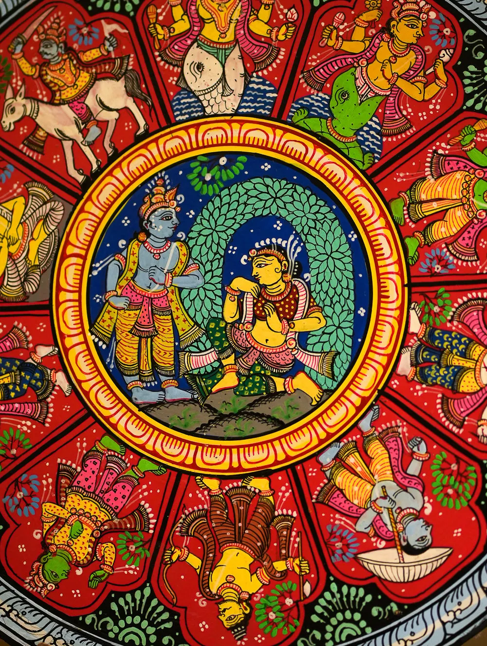 Intricate Pattachitra Art Wooden Wall / Table Plaque (12") - Krishna & Radha, Dasha Avatar