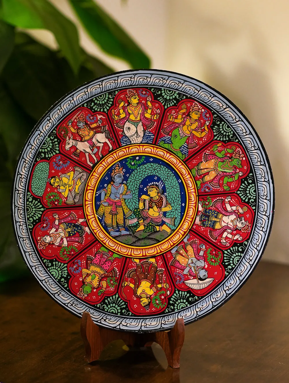 Intricate Pattachitra Art Wooden Wall / Table Plaque (12") - Krishna & Radha, Dasha Avatar