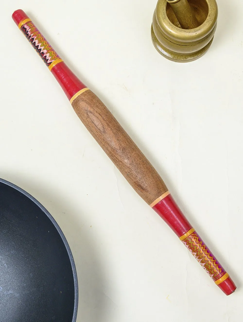 Kutch Lacquer Craft Wooden Rolling Pin (Deep Red Belan)