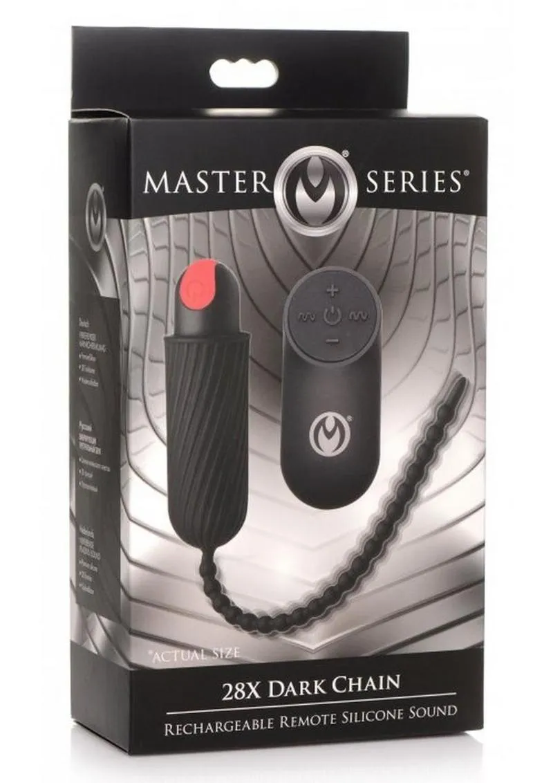 Sure! Heres an optimized title for the product:

**Master Series 28x Dark Chain - Rechargeable Silicone Remote Control Urethral Sounding Device** 

This title enhances clarity and appeal while retaining all key details.