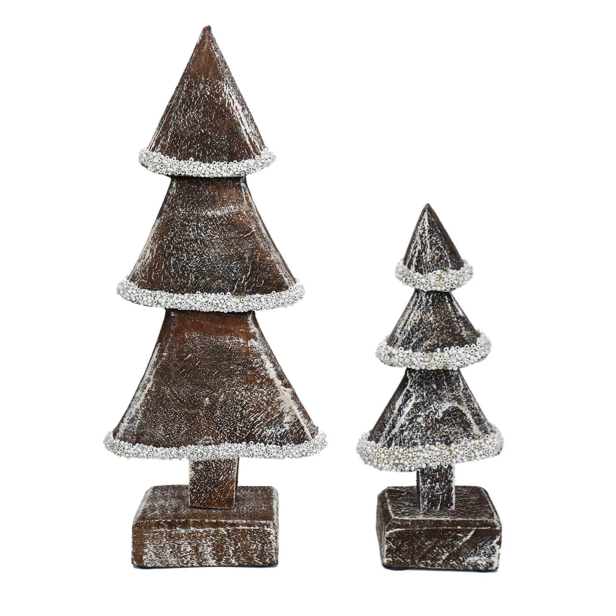 Natural Alpine Wood Christmas Tree with White Bead, Set of 2