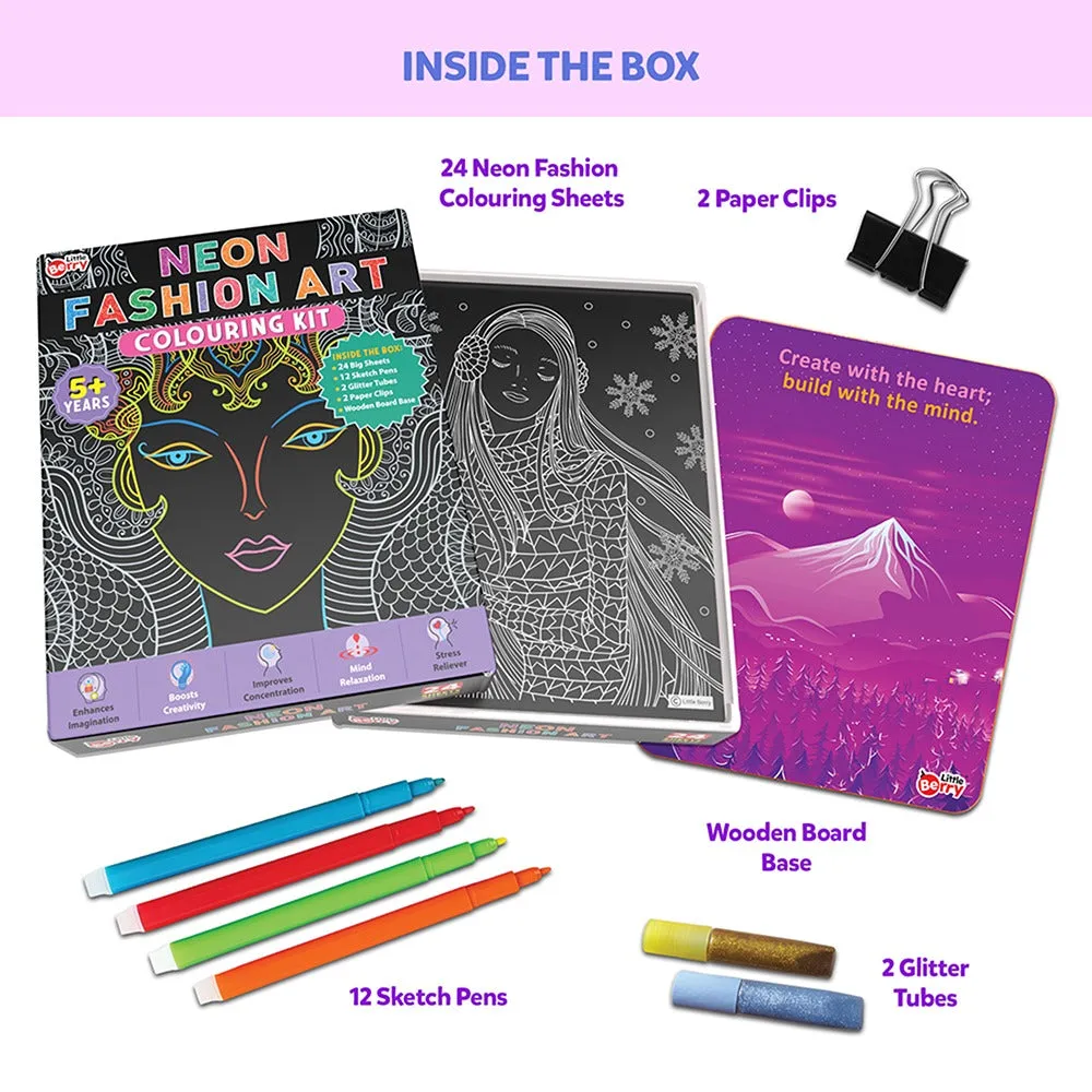 Neon Fashion Mandala Art Colouring Kit With 24 Big Sheets, 12 Sketch Pens and Glitter Tubes - Multicolour