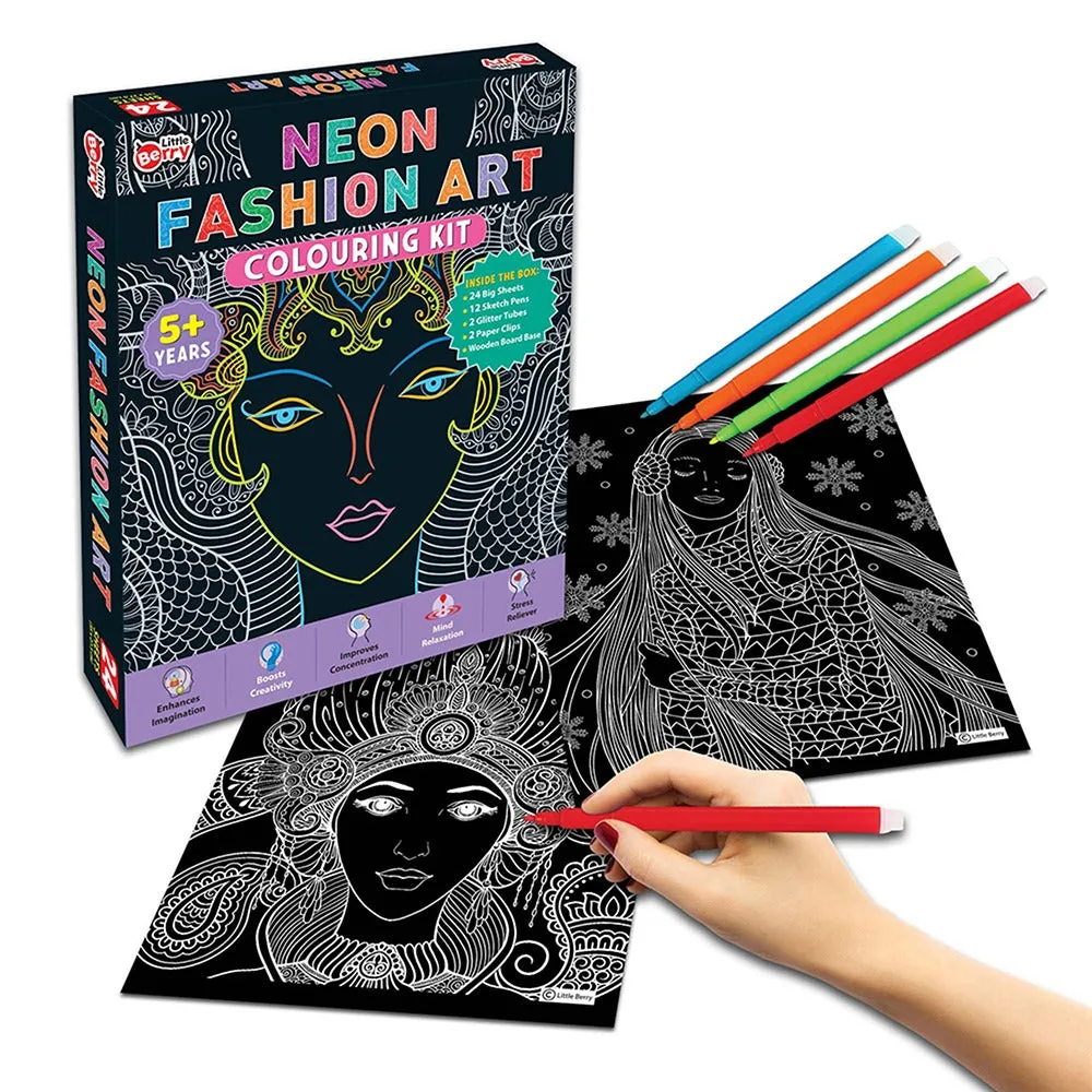 Neon Fashion Mandala Art Colouring Kit With 24 Big Sheets, 12 Sketch Pens and Glitter Tubes - Multicolour